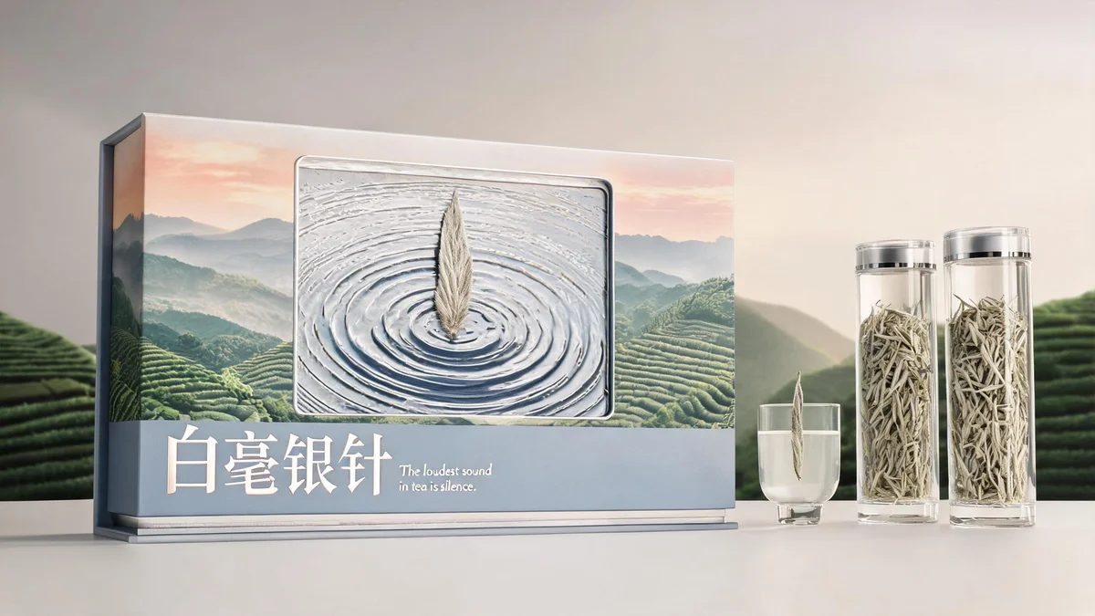 Baihaoyinzhen molded pulp tea packaging — silver-needle inspired minimalist ivory-toned box