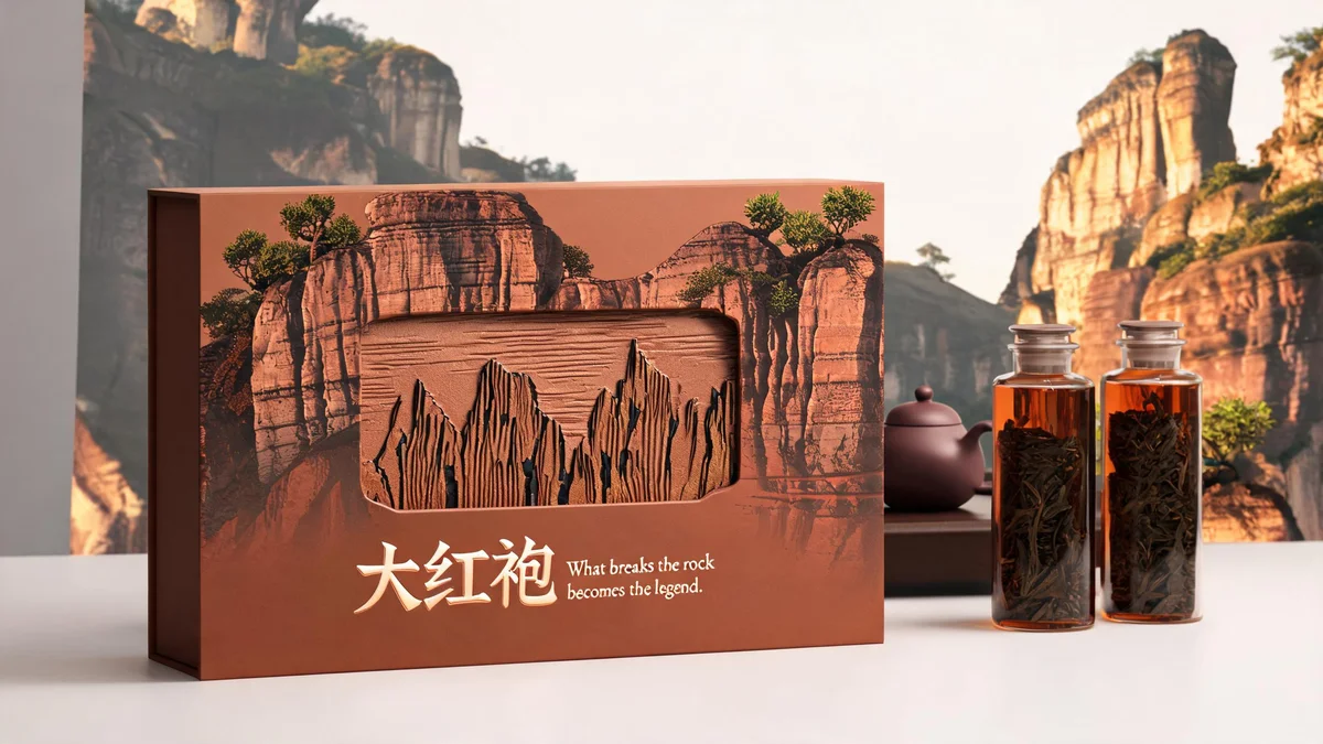 Dahongpao molded pulp tea packaging — rock-textured embossed box in deep earth tone