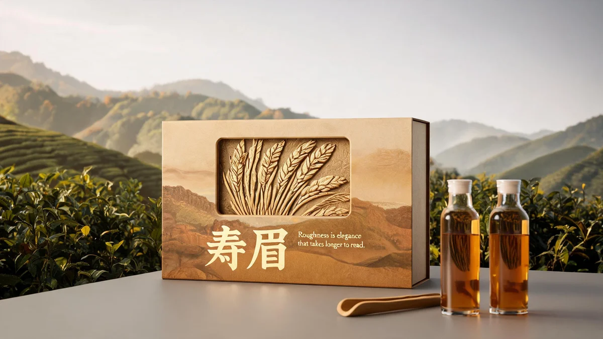 Gongmei molded pulp tea packaging — wild-leaf freeform embossed box in untamed pulp tone