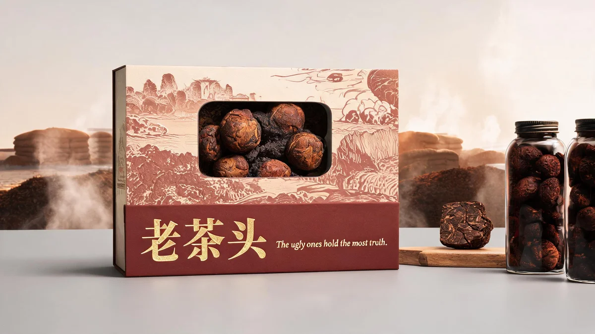 Gushu molded pulp tea packaging — ancient-tree ring embossed box in raw kraft pulp