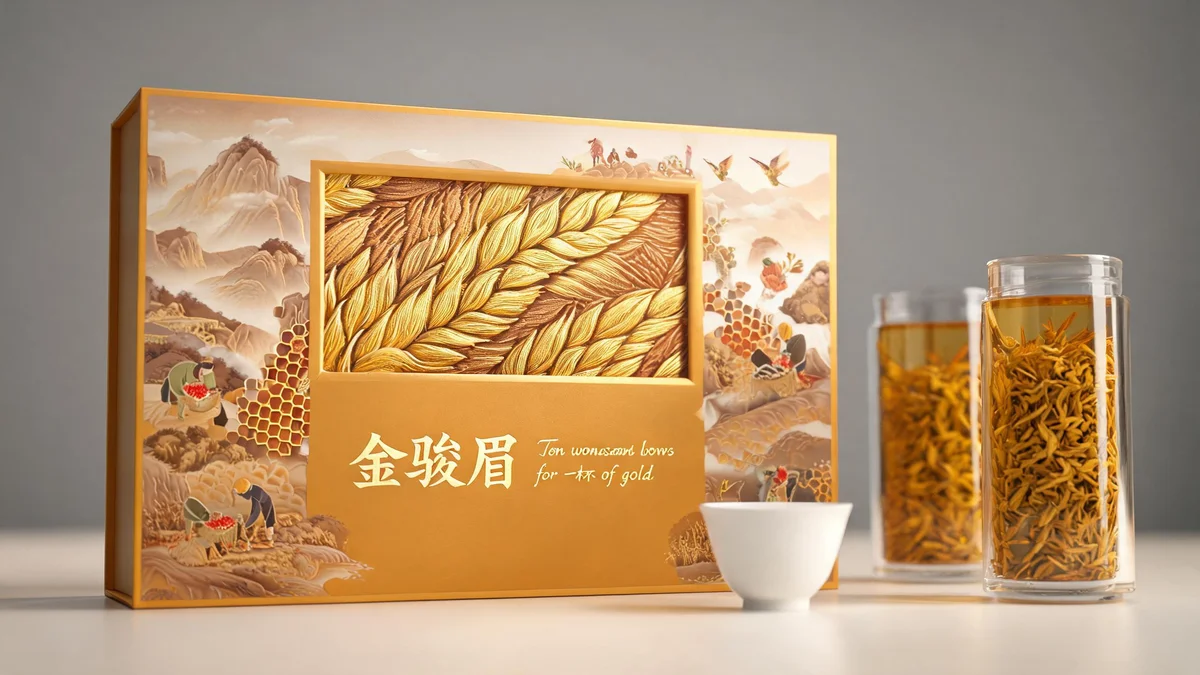 Jinjunmei molded pulp tea packaging — golden-embossed slender box in warm pulp