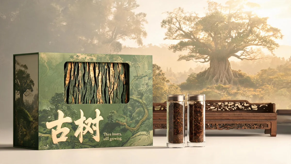 Laochatou molded pulp tea packaging — organic irregular-knot embossed box in deep brown pulp