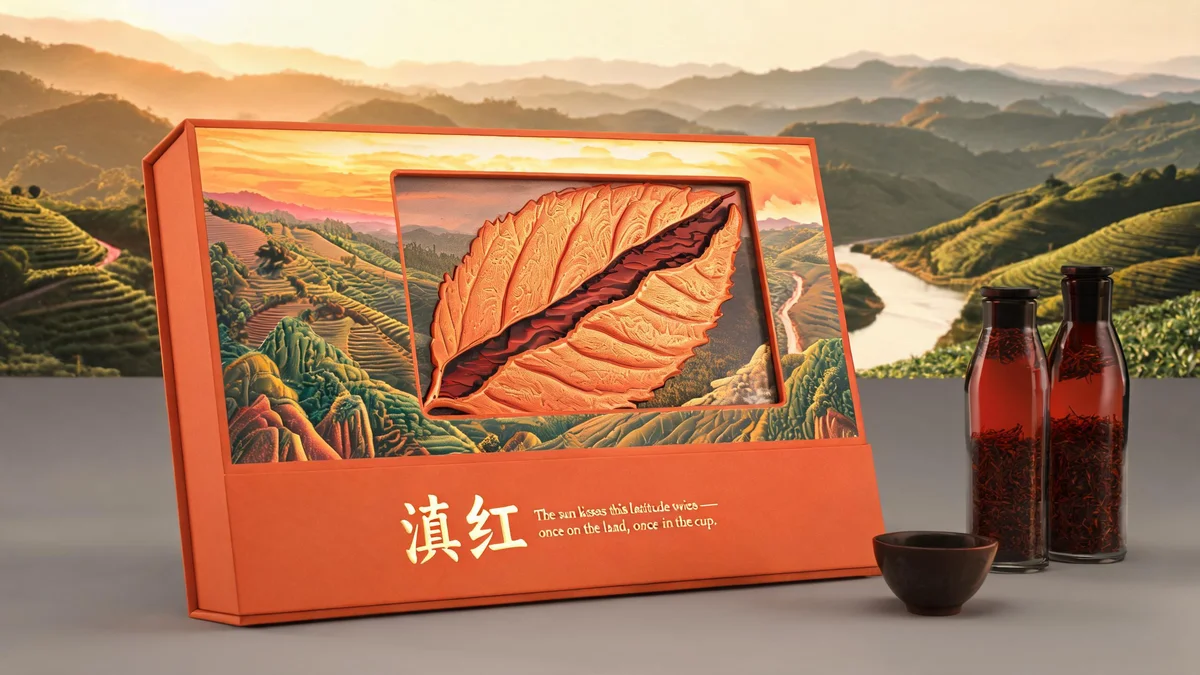 Lapsang Souchong molded pulp tea packaging — smoke-textured pine-bark embossed rugged box