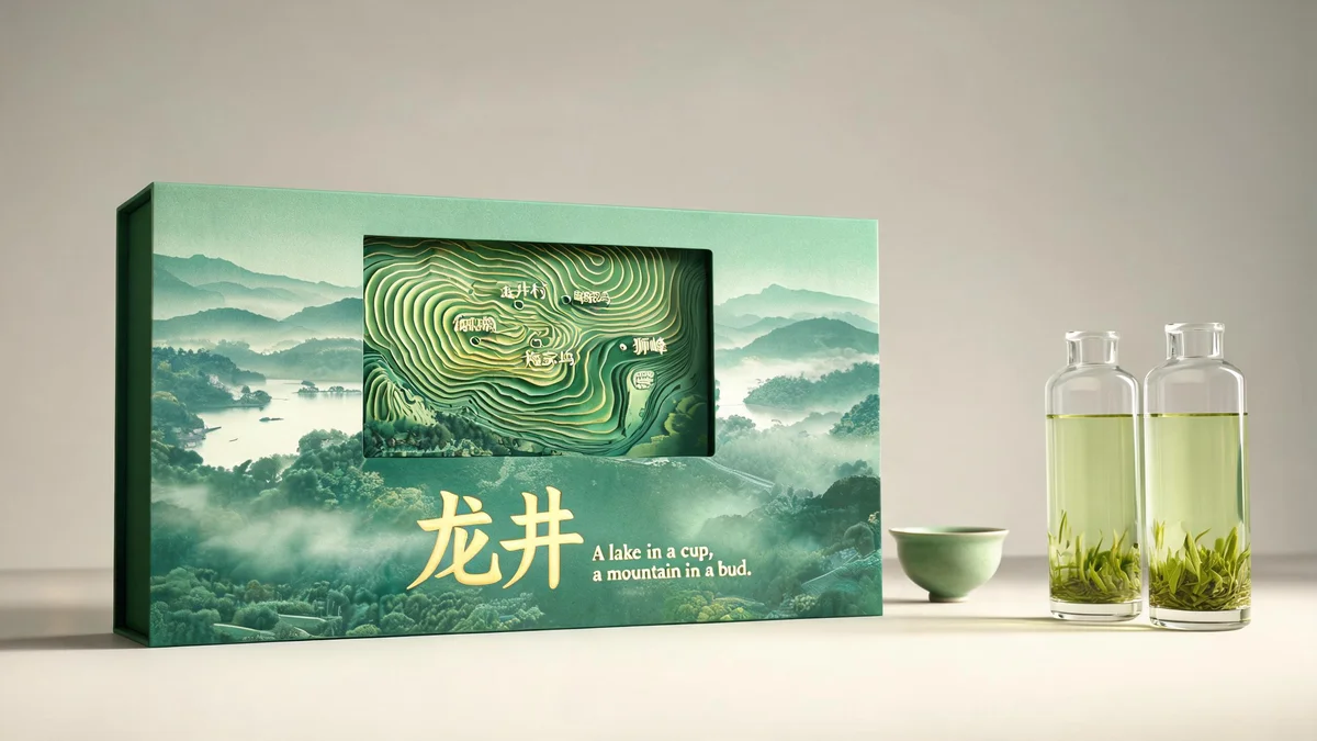 Longjing molded pulp tea packaging — a four-sided gift box in raw pulp tone