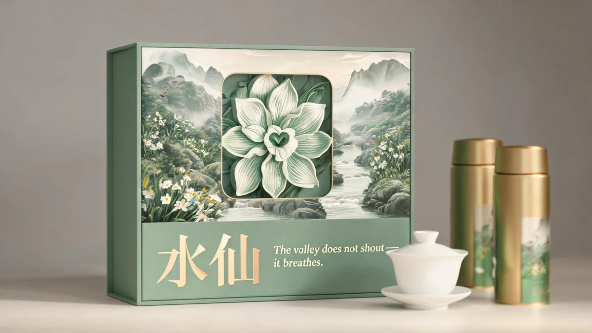 Rougui molded pulp tea packaging — cinnamon-bark crack-textured box in warm umber pulp