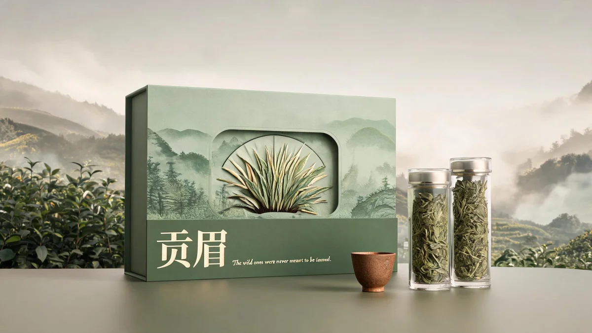 Shoumei molded pulp tea packaging — rugged-elegant coarse-textured box in weathered pulp