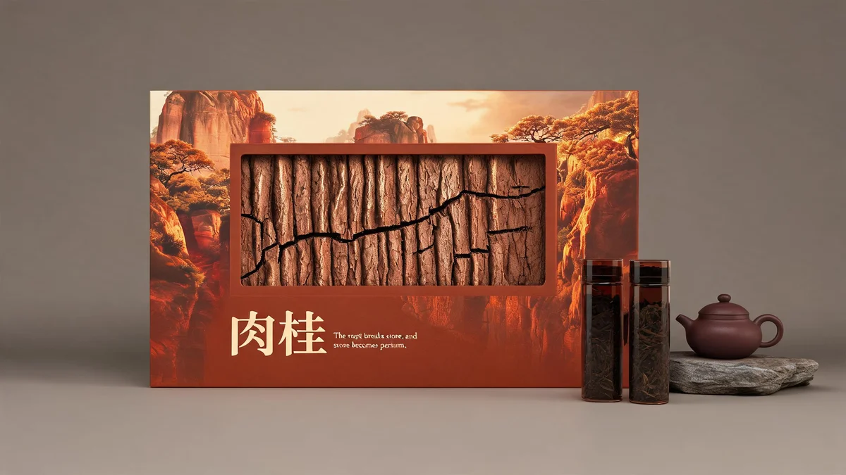 Shuixian molded pulp tea packaging — flowing valley-line embossed box in serene beige pulp