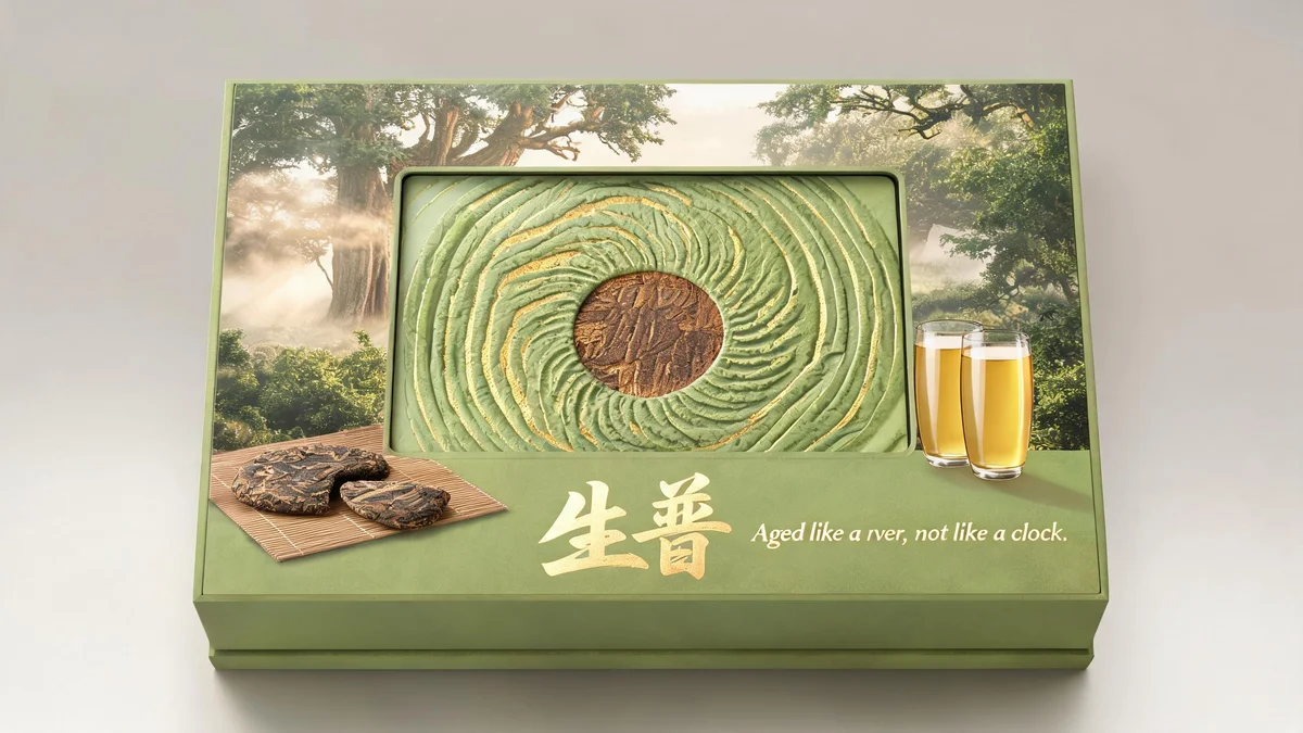 Shupu molded pulp tea packaging — fermented-dark layered box in rich cocoa pulp tone